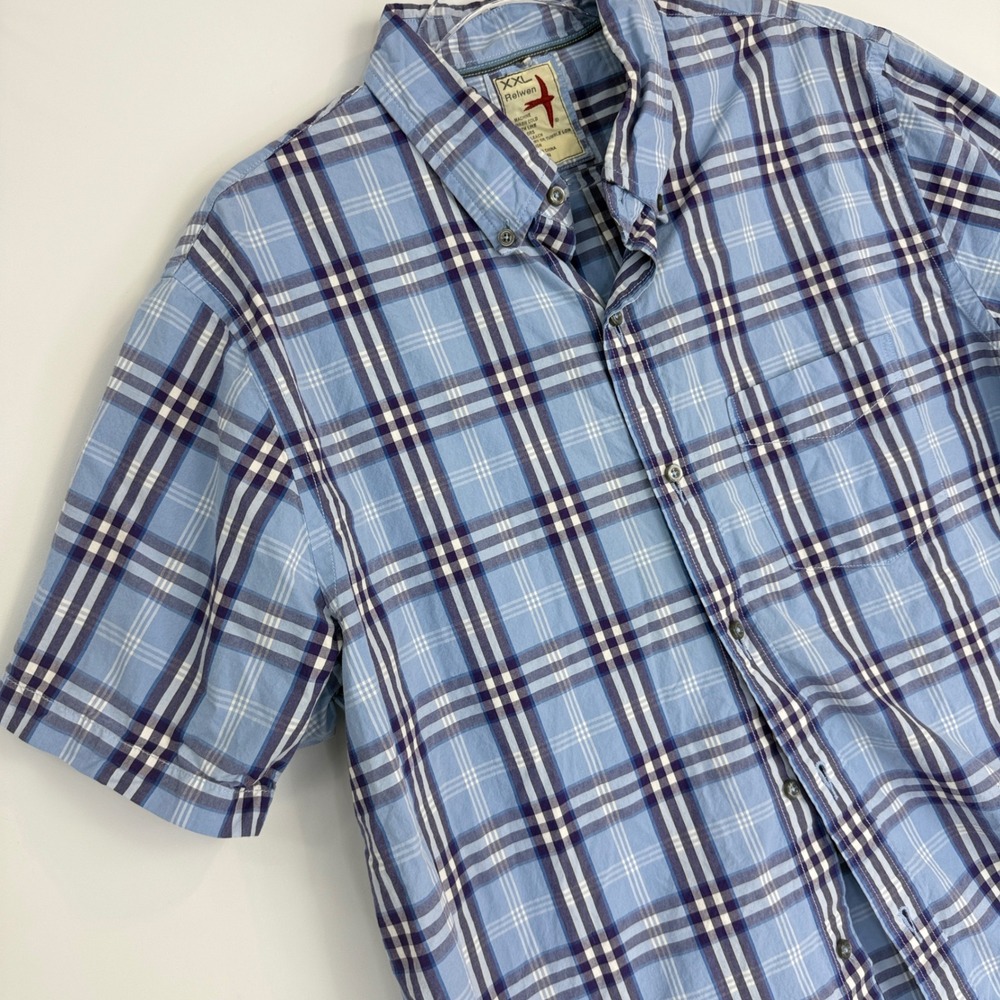 Relwen Button Down Shirt Mens XXL Blue Plaid Short Sleeve Cotton‎ Pocket 11463